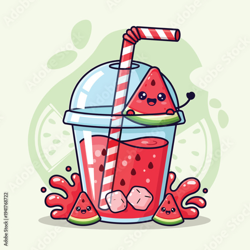 A cartoon illustration of a cute watermelon slice character on a fruity red drink with a striped straw. Several slices adorn the scene, along with ice cubes and splash elements