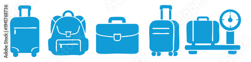 Set of blue luggage icons including suitcases, a backpack, a briefcase, and a baggage scale for travel, tourism, and airport-related designs.