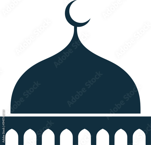 Minimalist mosque icon featuring dome, crescent moon, and arches in a simple illustration style