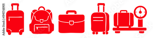 Set of red travel luggage icons including suitcases, backpack, briefcase, and baggage scale on white background. Minimalist flat design for travel, vacation, and airport concepts.
