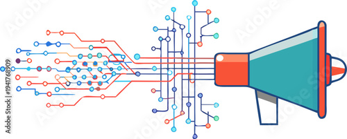 Megaphone illustration with digital circuit connections emerging