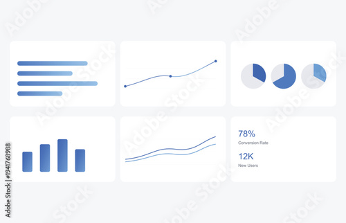 A collection of blue business infographics on a clean white background for data analysis and presentation