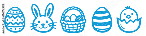 Set of hand-drawn blue Easter icons featuring a decorated egg, bunny face, egg basket, striped egg, and hatching chick on a white background.