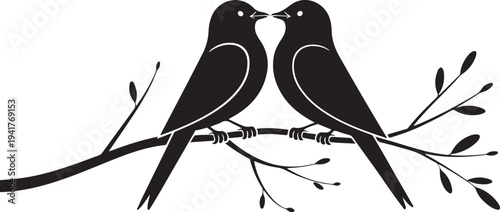 Black silhouette bird couple on branch vector