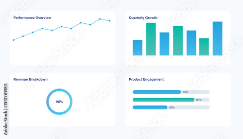 A business dashboard displaying performance metrics and growth charts in a modern design
