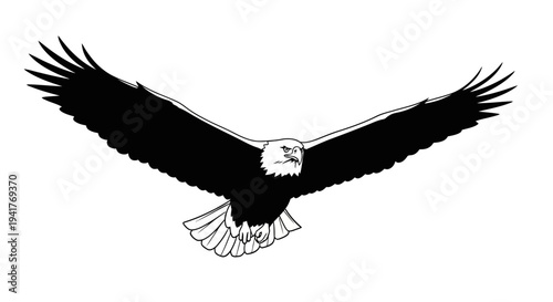 Majestic bald eagle soaring, wings spread wide, black and white graphic illustration