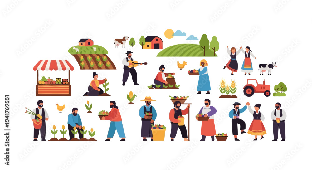 Obraz premium Big Flat Vector Set of Farmers, Agriculture, and Rural Life. People harvesting crops, working on the farm, market stand, tractor, and folk dance.