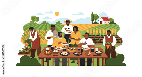 Diverse Black Community Enjoying Farm-to-Table Dinner Outdoors. Group Harvest Meal Celebration on a Sunny Rural Farm.