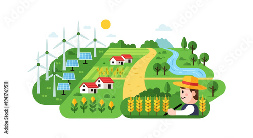 Sustainable Agriculture and Green Energy Farm Landscape Vector Illustration. Eco-friendly farming with solar panels, wind turbines, farmer, and crops.