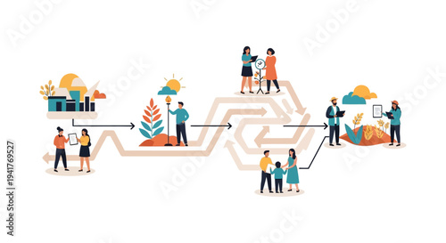 Circular Economy and Sustainable Supply Chain Process Flow Diagram. Modern illustration showing ESG strategy, business stages, agriculture, and consumers.