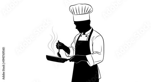 Chef cooking in a pan, silhouette of a man in uniform with hat and apron