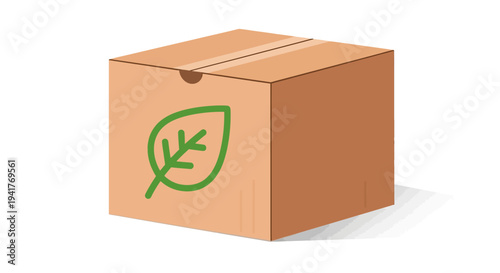 Eco friendly packaging box with green leaf icon, sustainable shipping concept