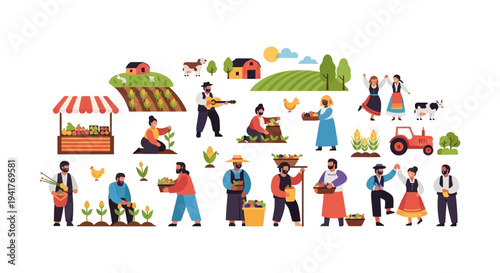 Big Flat Vector Set of Farmers, Agriculture, and Rural Life. People harvesting crops, working on the farm, market stand, tractor, and folk dance.