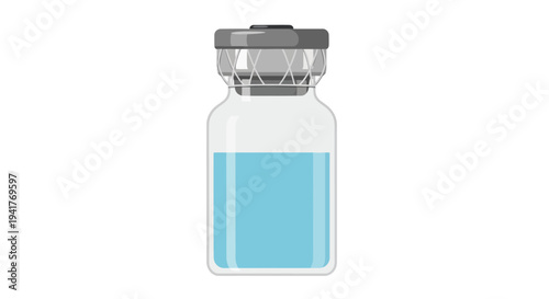 Medical vaccine vial with blue liquid on white background