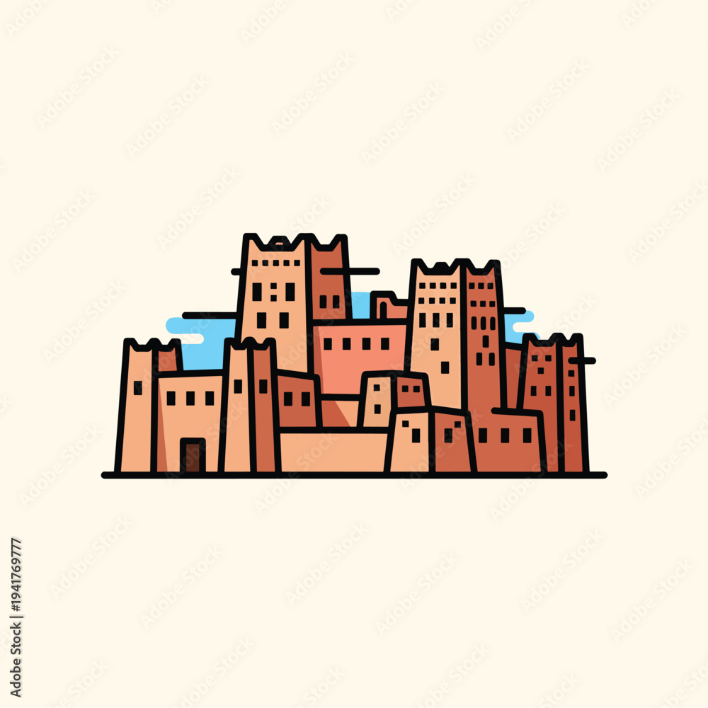 Fototapeta premium A cartoon illustration of a desert town, with tan and reddish-brown blocky buildings against a cream background