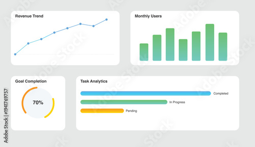 A business analytics dashboard displaying revenue trend, monthly users, goal completion, and task analytics in a modern design