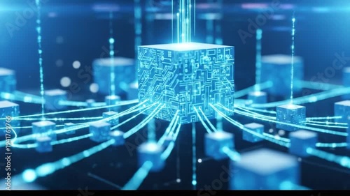 Abstract Digital Network of Glowing Blue Cubes and Connections.