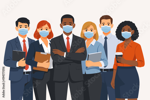 Diverse Group of Business Professionals Wearing Protective Face Masks Standing Together as a Team. Multiethnic Men and Women in Suits and Office Attire Following Health and Safety Guidelines.
