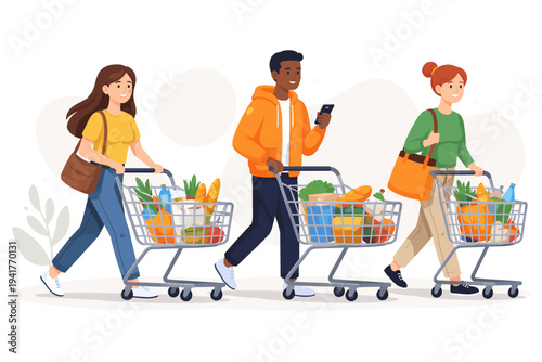 Diverse group of people pushing shopping carts full of fresh groceries, bread, and vegetables in a supermarket, flat vector illustration of shoppers in a retail store on a light background.