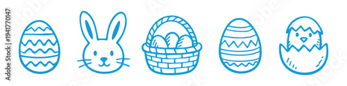 Set of blue hand-drawn Easter icons featuring a bunny, hatching chick, basket with eggs, and decorated Easter eggs. Sketch style doodle illustrations on a white background for spring holidays.
