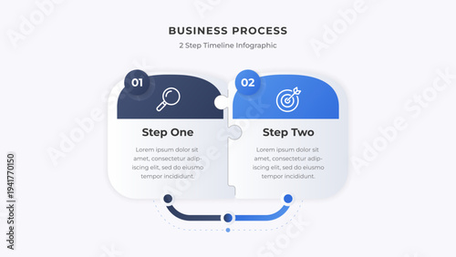 Business process 2 step timeline infographic template with puzzle connection, Modern workflow diagram for corporate presentation, Strategy planning, Process steps and data visualization.