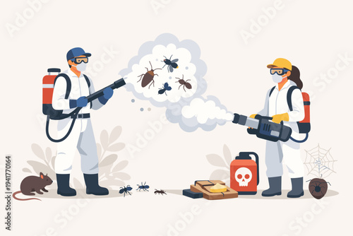 Professional pest control service team in hazmat suits and masks using sprayers to exterminate insects, cockroaches, flies, and ants, featuring rat, mousetrap, and poison in flat vector style.