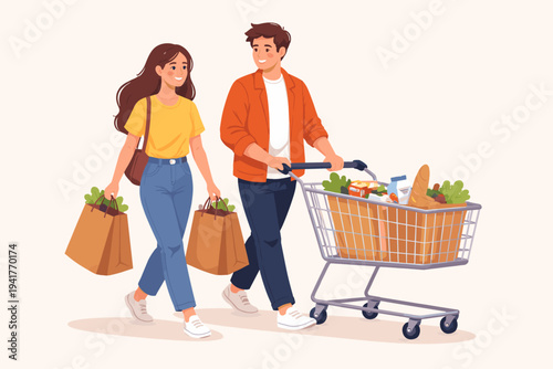 Happy Young Couple Man and Woman Walking Together with Shopping Cart and Paper Bags Full of Fresh Groceries and Food Products, Flat Vector Illustration of People Shopping in Supermarket Store.