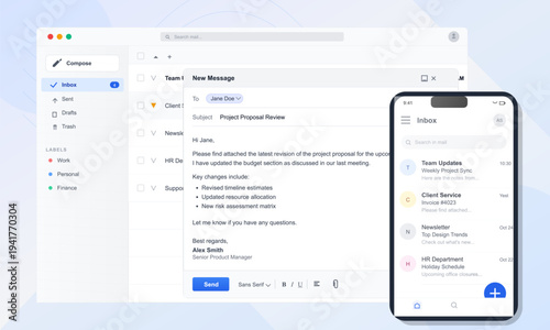 A digital illustration showing a modern email client interface on a