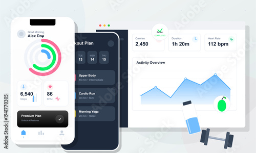 A modern fitness app interface displayed on mobile devices and a