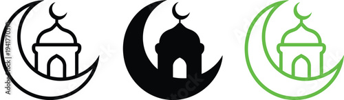 Crescent moon icons with mosque silhouettes in different colors and styles