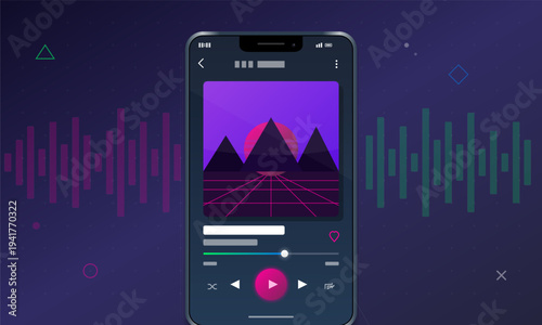 Digital illustration of a smartphone displaying a music player