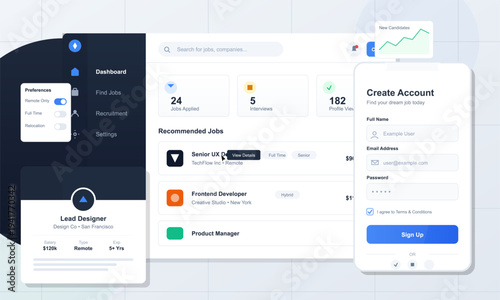 A modern job search platform interface featuring a dashboard with