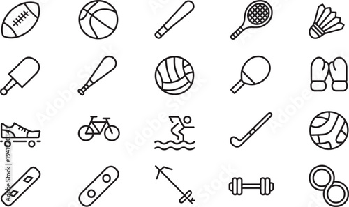 Black and white of various sports equipment and activities football 1