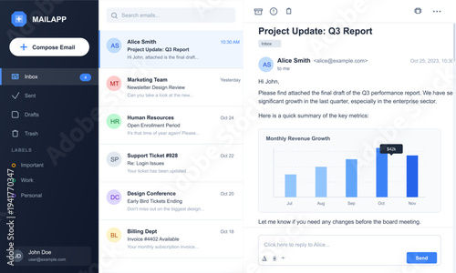 Photos A modern email application user interface featuring a sidebar menu, a
