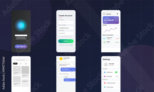 A set of six modern mobile application user interface screens