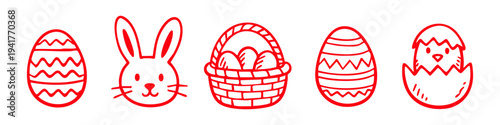 Set of red hand-drawn Easter line art icons featuring a cute rabbit, decorated eggs, a basket, and a hatching chick. Minimalist holiday doodle illustrations on a white background.
