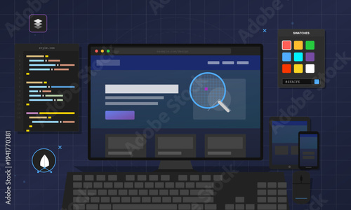 This illustration depicts web design and development tools including