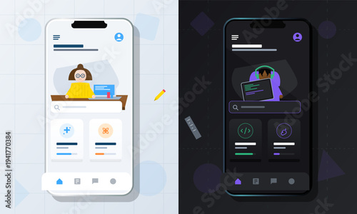 A vector illustration comparing light and dark mode user interfaces