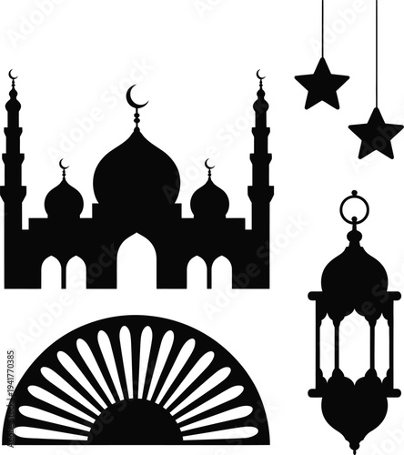 Elegant islamic motifs featuring mosque, crescent, stars, sunburst, and lantern designs