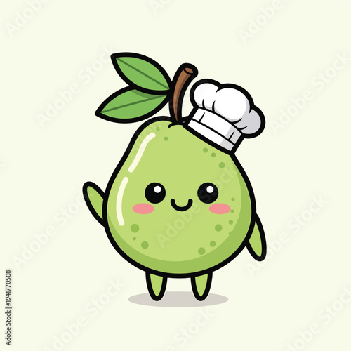 A cartoon pear character with a chef hat and rosy cheeks smiles. It has small arms, legs, and a few leaves. It is on a neutral background