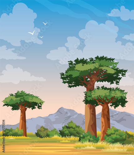 WebAfrican landscape with green baobabs, mountain and cloudy sky. Vector nature illustration.