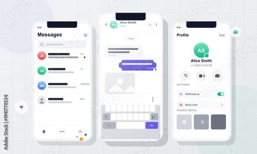 A clean illustration of three mobile phone screens displaying a