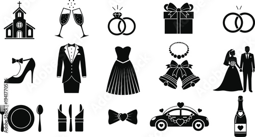 Black wedding icons set with bride and groom, rings, church, dress, suit, champagne, car, bells, and dinner table elements isolated vector illustration.
