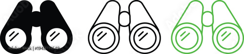 Three different styles of binoculars depicted in simple line drawings