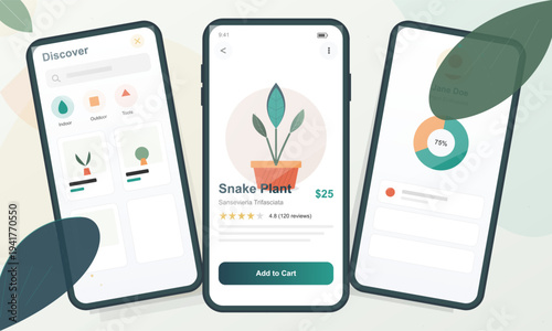 Flat vector illustration showing three smartphone screens displaying