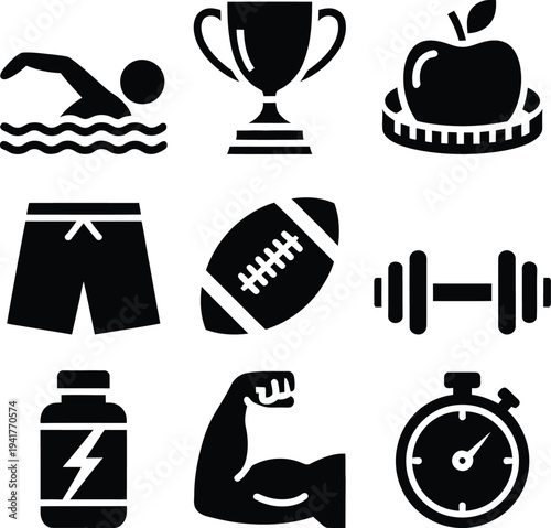 Icons representing various aspects of fitness, sports, and healthy lifestyle activities