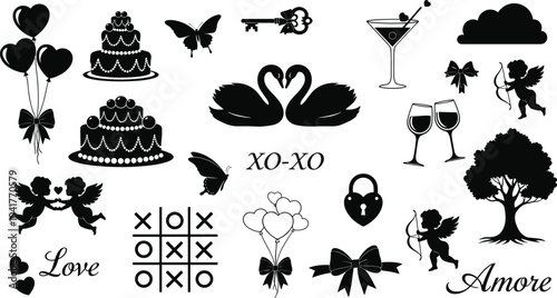 Romantic Valentine icon set with black silhouettes of cupid, swans, hearts, wedding cake, balloons, love birds, and decorative wedding elements isolated vector illustration.