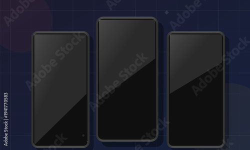 Three blank smartphone mockups arranged vertically against a dark