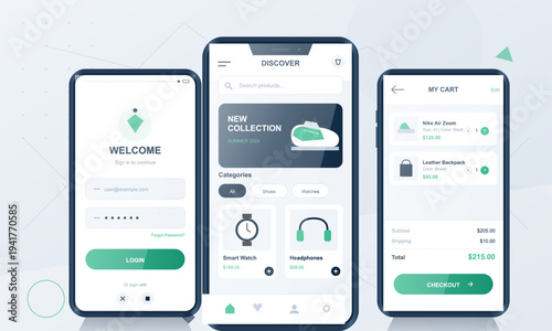 A set of three mobile application interface screens showing a login