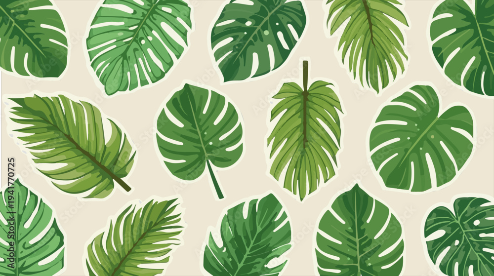 Naklejka premium A vibrant vector template set featuring a collection of sticker green tropical palm leaves in a flat design style with bold lines and solid colors